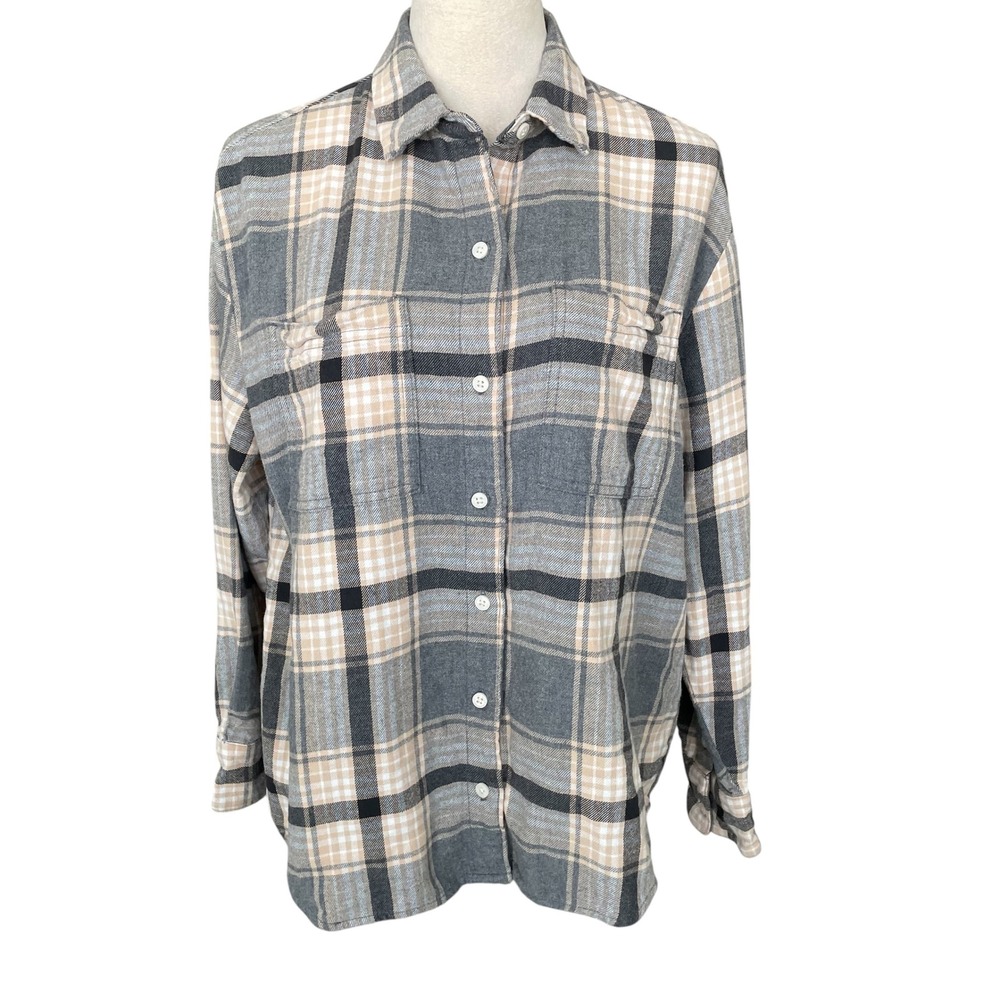Old Navy The Boyfriend Shirt Plaid Top Womens M Preppy Neutral Academia Scholar
